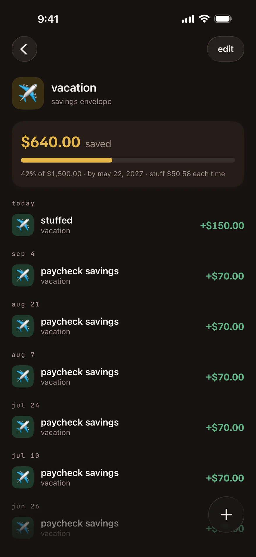 A savings envelope with its saved amount, goal progress and transaction history.