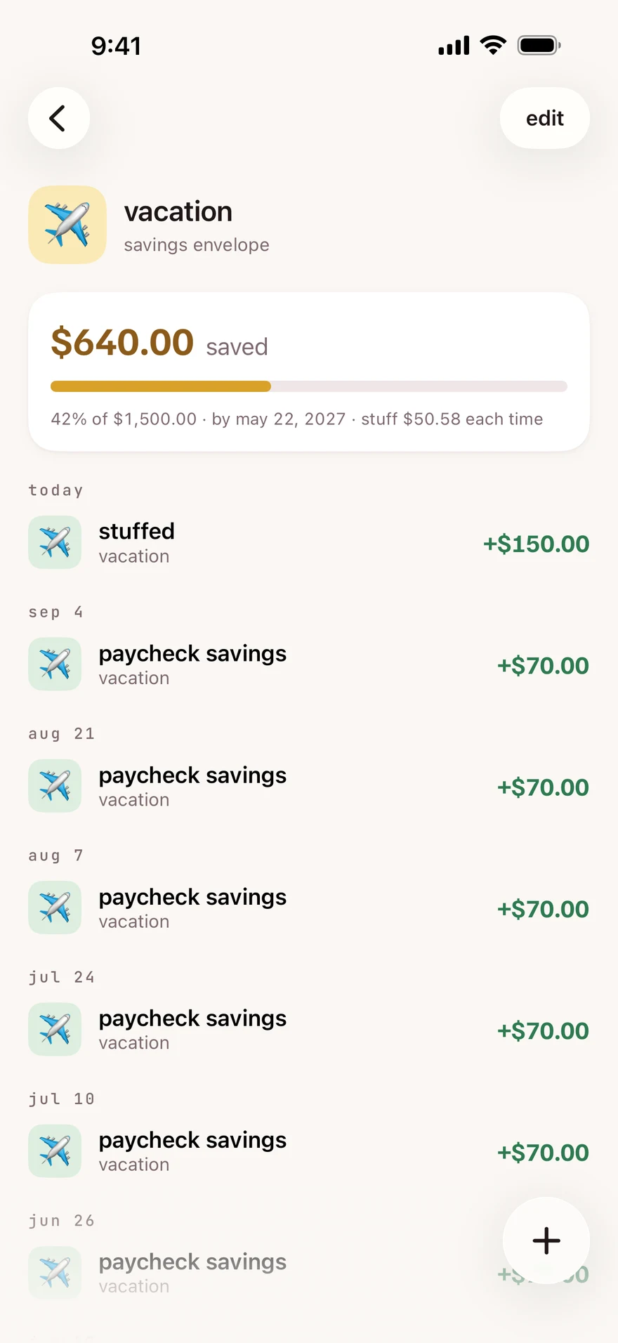 A savings envelope with its saved amount, goal progress and transaction history.