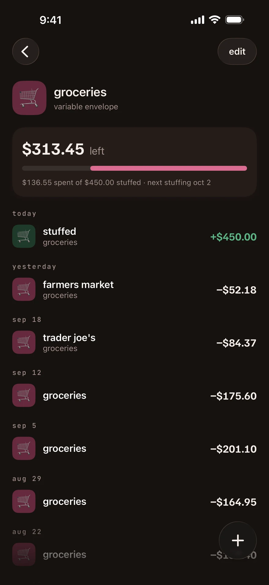 A variable envelope with its amount left, amount spent and stuffed, and transaction history.