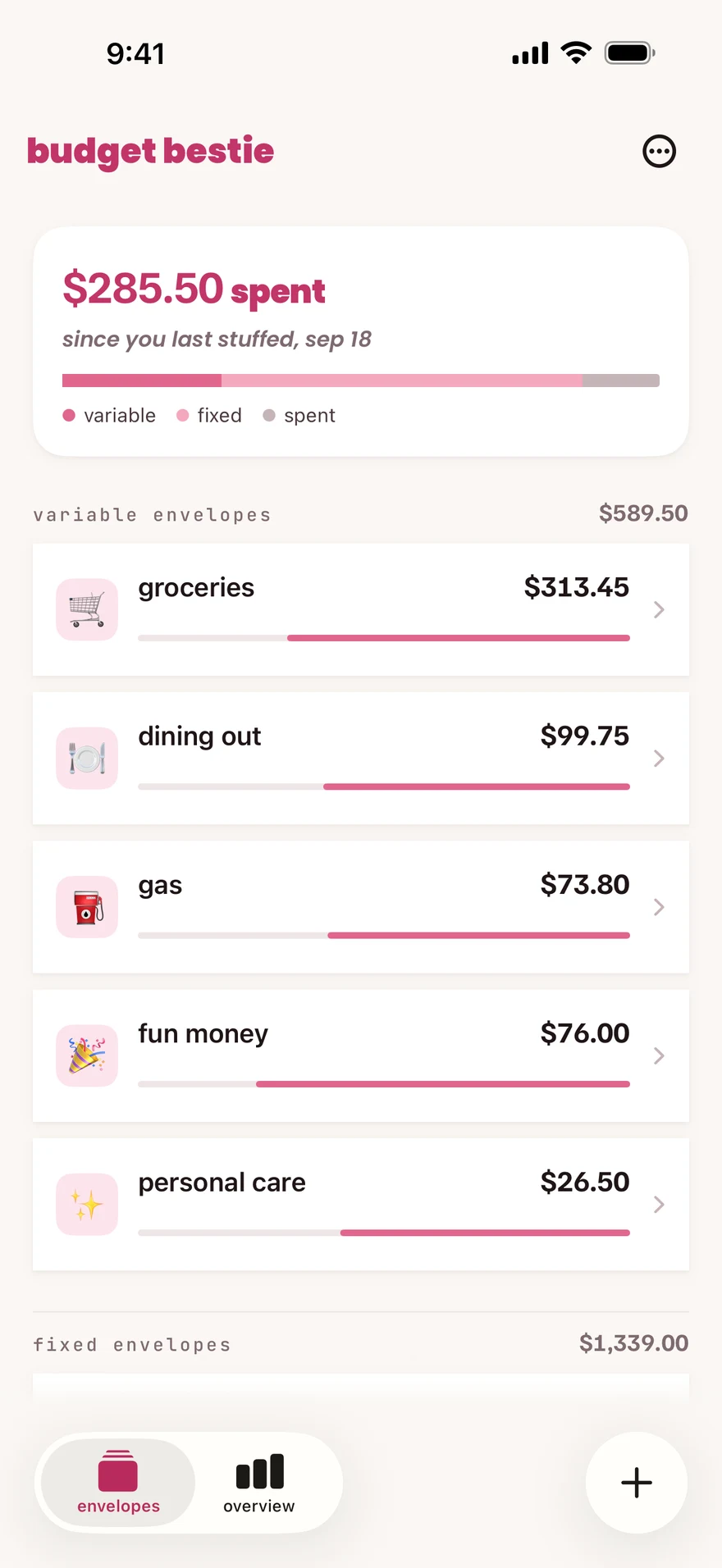 The envelopes tab with the spent-since-stuffing summary and envelope balances.