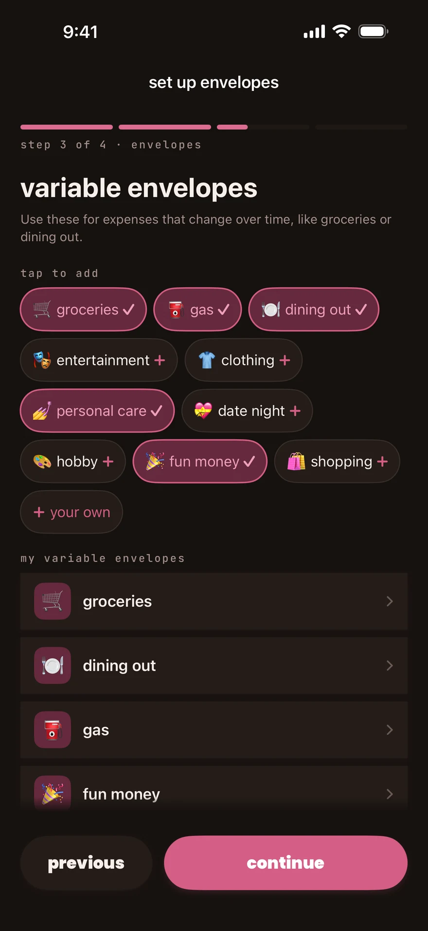The first-budget setup screen with variable envelope suggestions.