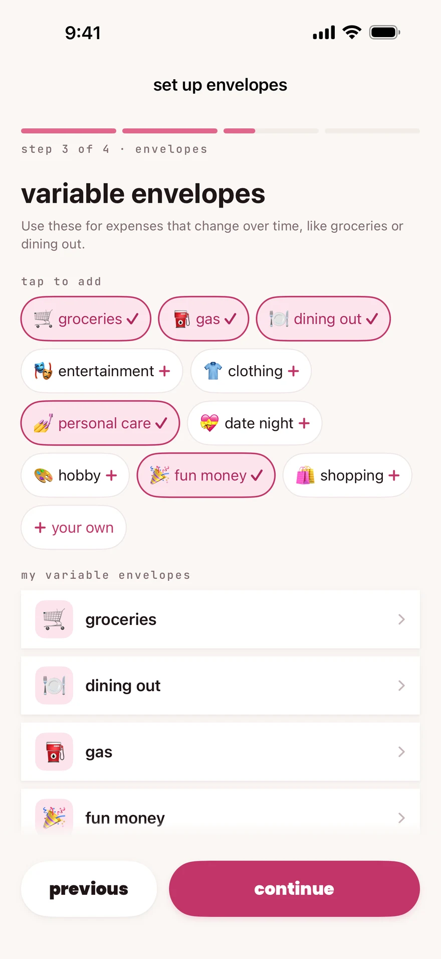The first-budget setup screen with variable envelope suggestions.