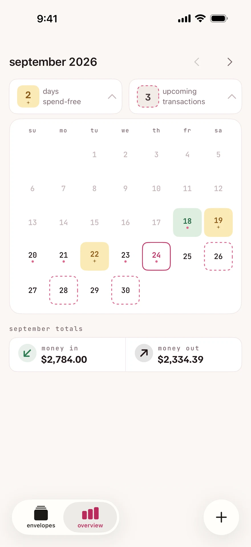 Overview with the monthly calendar, spend-free days, upcoming transactions and money in and out.