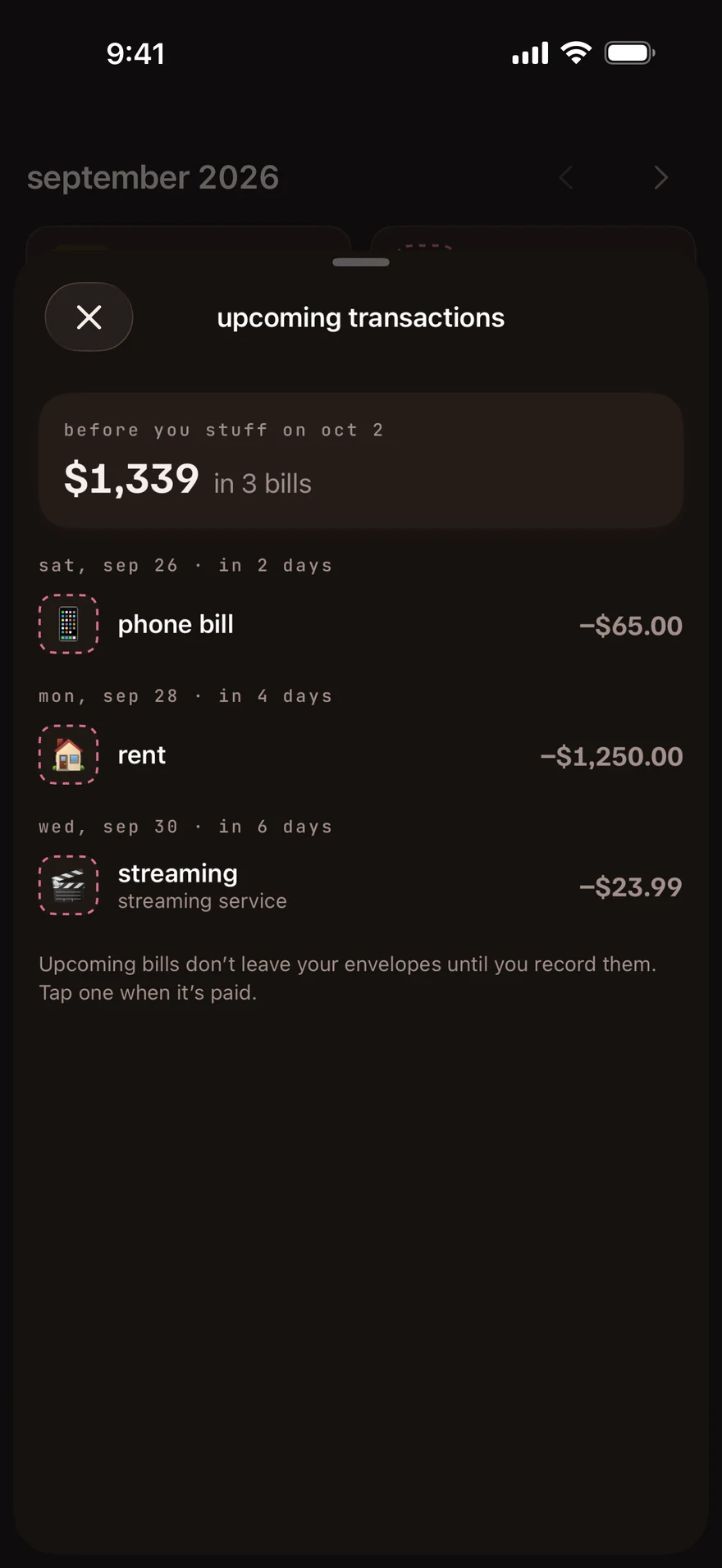 Upcoming transactions with the total due before the next stuffing day.