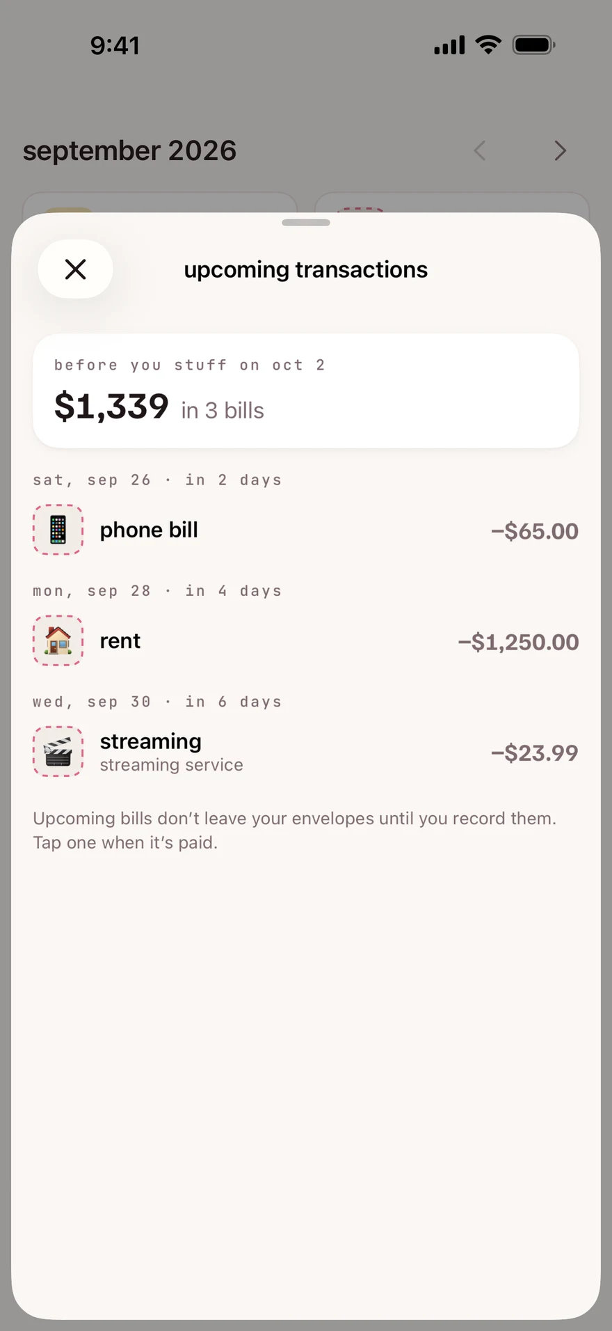Upcoming transactions with the total due before the next stuffing day.