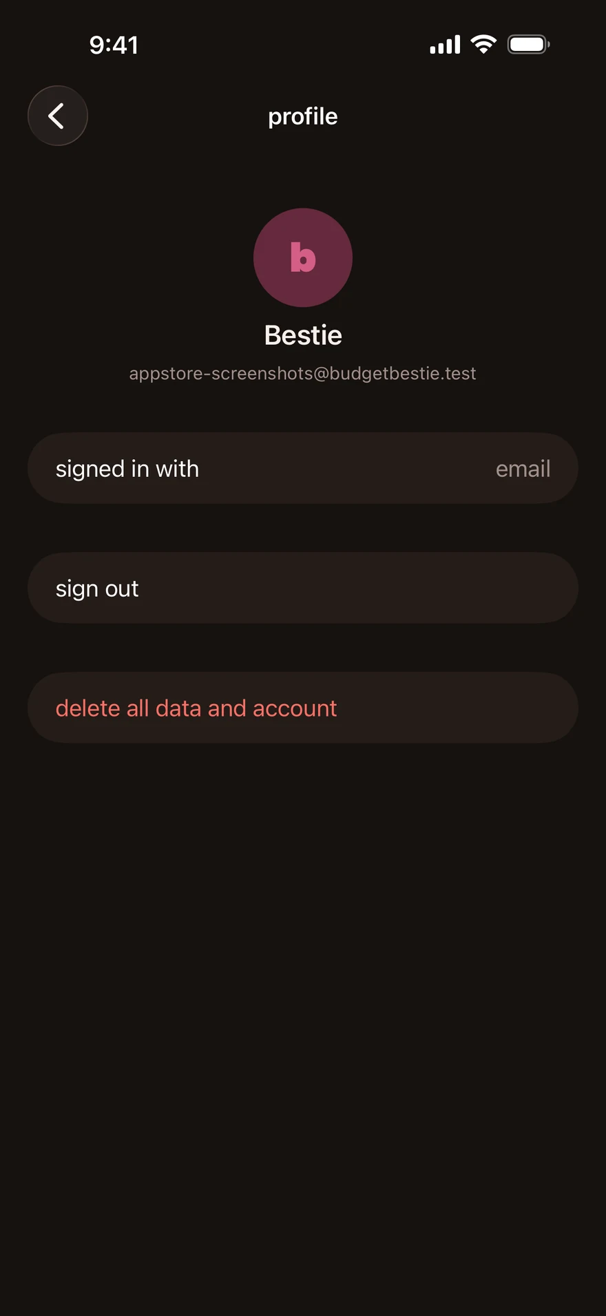 The profile screen with account details and sign-out and delete-account controls.