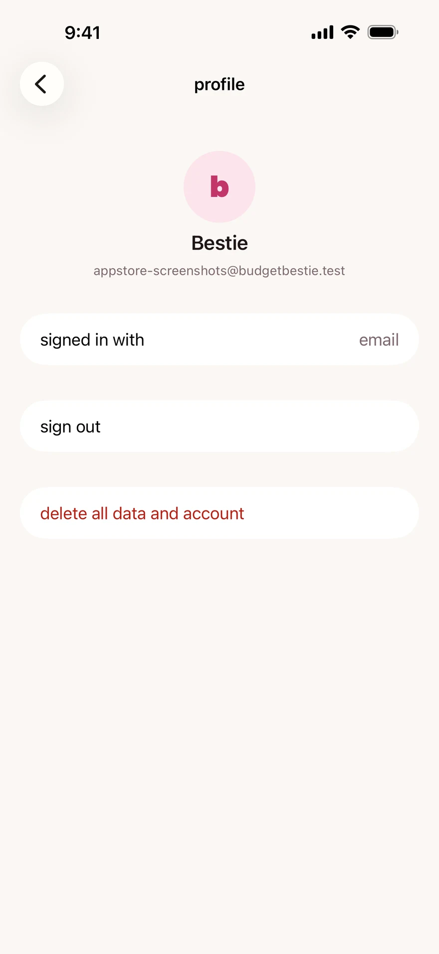The profile screen with account details and sign-out and delete-account controls.