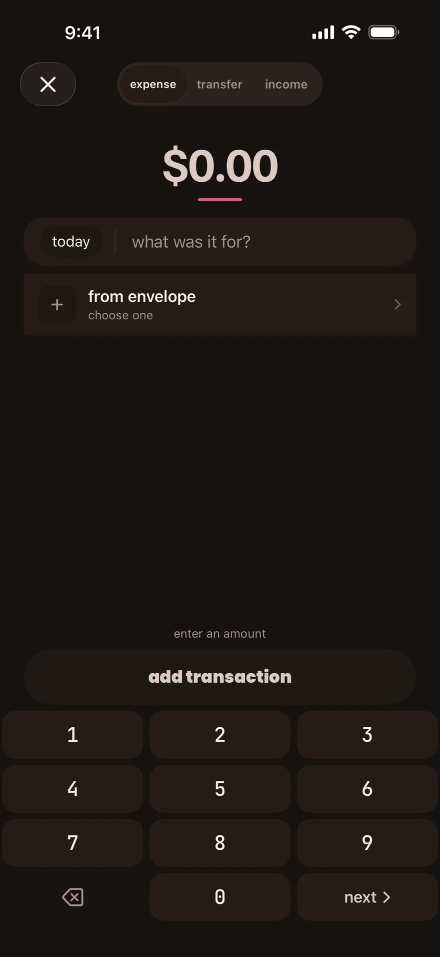 The add-transaction screen with expense, transfer and income choices at the top.