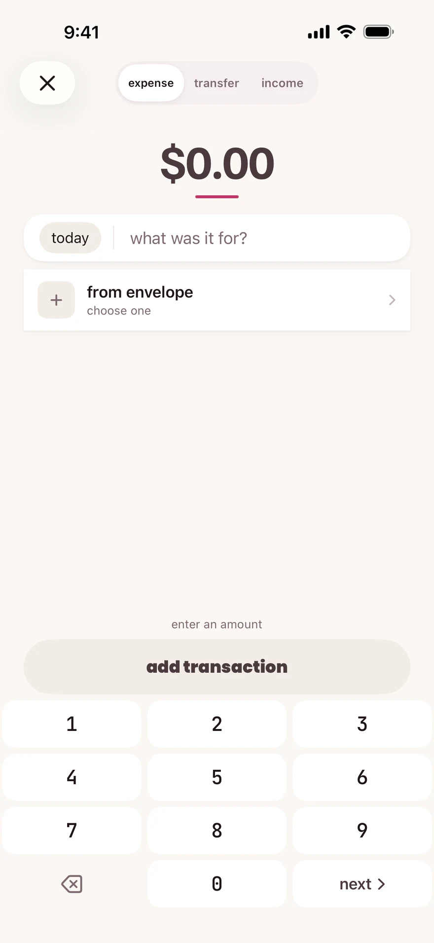 The add-transaction screen with expense, transfer and income choices at the top.